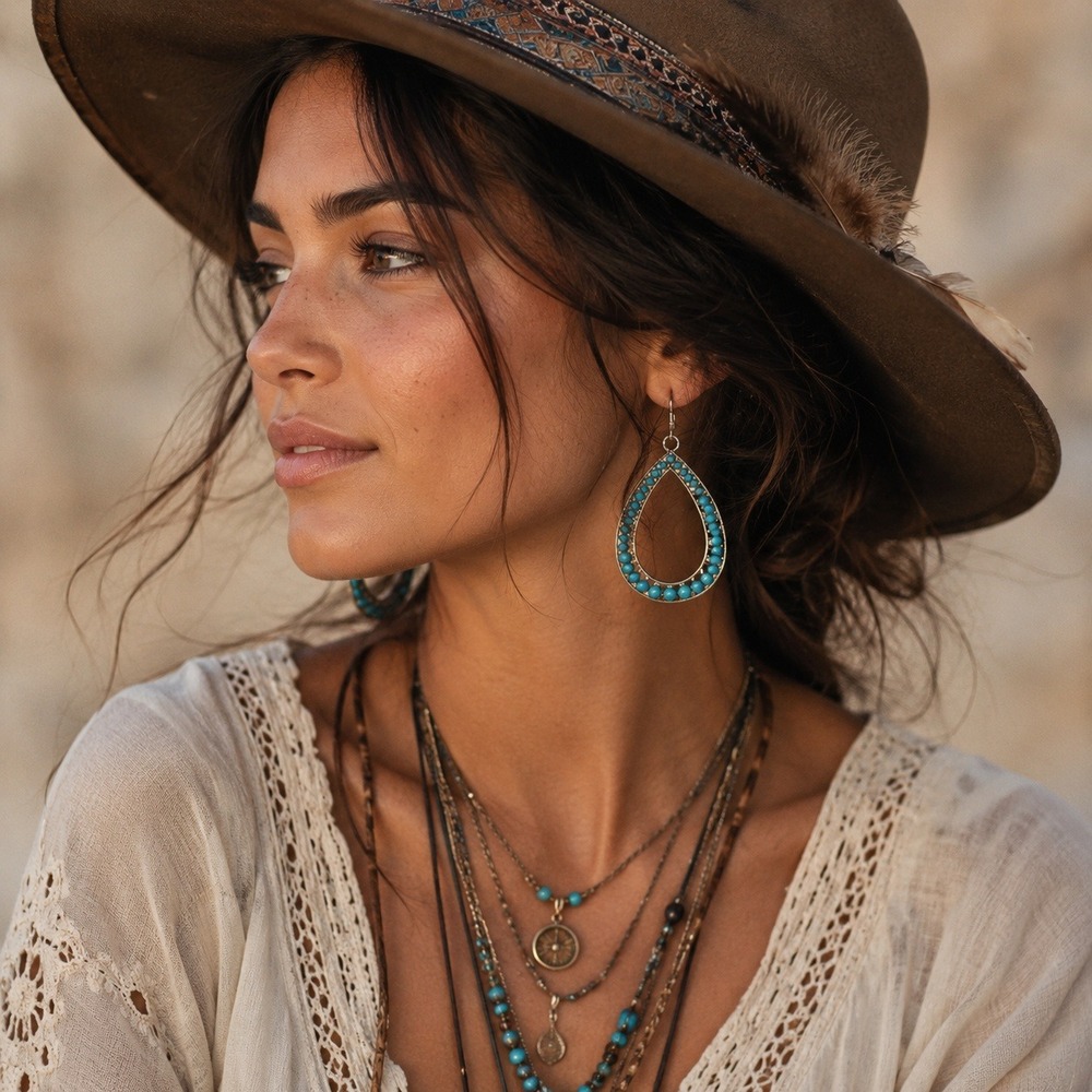 Turquoise Blue Beaded‎ Teardrop Dangle Earrings Silver Tone Boho Southwestern